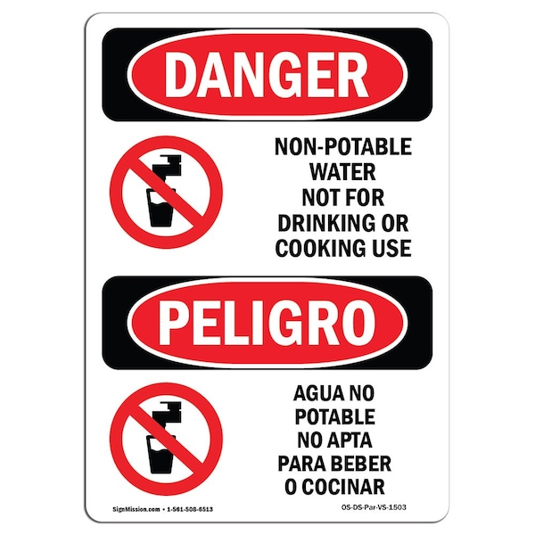 Safety Sign, OSHA Danger, 5" Height, Non-Potable Water No Drinking Bilingual Spanish, 10PK